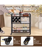 3-tier Bar Cart on Wheels Home Kitchen Serving with Wine Rack & Glass Holder
