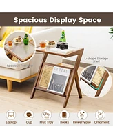 Rattan Side Table Bamboo Accent Bedside with Tempered Glass Top