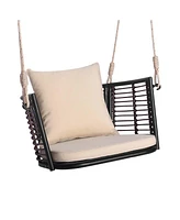 Patio Hanging Rattan Basket Chair Swing Hammock with Seat Cushion