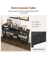 Costway 60" Console Table Retro Entryway Sofa with 4 Drawers & Open Shelf Hallway