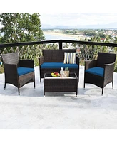 4PCS Rattan Patio Furniture Set Cushioned Sofa Chair Coffee Table