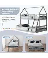 Costway Twin Over Full House Bunk Bed with Ladder & Guardrails Convertible to 2 Beds