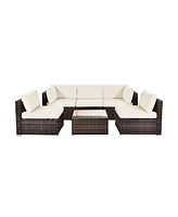 Gymax 6PCS Rattan Outdoor Sectional Sofa Set Patio Furniture Set w/ White Cushions