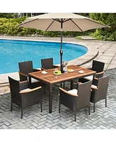 Gymax 7PCS Rattan Outdoor Dining Set Patio Furniture Set w/ Cushions Umbrella Hole