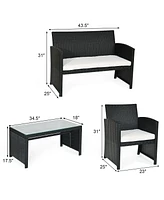 Costway 4PCS Patio Rattan Furniture Conversation Set Cushioned Sofa Coffee Table Garden
