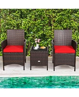 Gymax 3PCS Outdoor Rattan Conversation Set Patio Furniture Set w/ Red Cushions