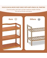 Costway 5-Tier Wood Shoe Rack Solid Acacia Wood Shoe Shelf with Side Metal Hooks