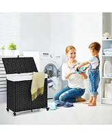 Costway Laundry Hamper w/Wheels & Lid, 125L 3-Section Clothes Hamper w/2 Liner Bags