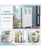 Costway Bathroom Floor Storage Cabinet Kitchen Cupboard with 2 Drawers & Glass Doors
