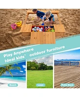 Costway Kids Wooden Sandbox w/ Bench Seats & Storage Boxes Children Outdoor Playset