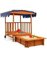 Costway Wooden Retractable Sandbox with Cover & Built-in Wheels Kids