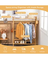 Costway 2-Tier Bamboo Garment Rack Clothing Storage Organizer Coat Hanger w/ Rod & Hooks