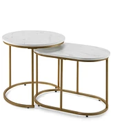 Costway Nesting Coffee Table Modern Set of 2 Marble Coffee Side Table Set Living Room