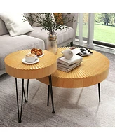 Costway Farmhouse Round Coffee Table Set of 2 End Table Natural Finish for Living Room