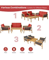 4PCS Patio Rattan Furniture Set Acacia Wood Cushioned Sofa