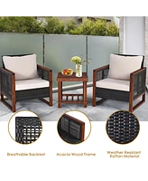 Gymax 3PCS Rattan Wicker Patio Conversation Set Outdoor Furniture Set w/ Cushion