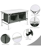 Gymax Folding Camping Table Aluminum Height Adjustable with Storage Organizer Grey