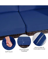 Gymax 6PCS Rattan Outdoor Sectional Sofa Set Patio Furniture Set w/ Navy Cushions