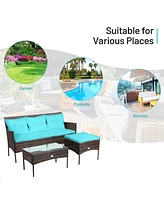 Gymax 3PCS Patio Rattan Sectional Conversation Furniture Set w/ Turqouise Cushions