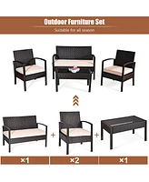 Costway 4PCS Patio Rattan Conversation Furniture Set Cushioned Seat