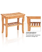 Costway Bamboo Shower Seat Bench Bathroom Spa Bath Organizer Stool with Storage Shelf