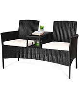 Costway Patio Rattan Conversation Set Seat Sofa Cushioned Loveseat Glass Table Chairs