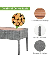 4PCS Patio Rattan Furniture Set Cushioned Chair Wooden Tabletop