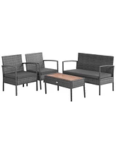 Costway 4PCS Patio Rattan Furniture Set Cushioned Chair Wooden Tabletop