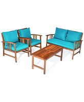 Gymax 4pcs Wooden Patio Furniture Set Table & Sectional Sofa w/ Turquoise Cushion