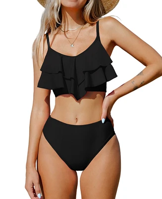 Cupshe Women's V-Neck Ruffled Top & High Waist Bikini Set