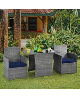 Gymax 3PCS Outdoor Rattan Conversation Set Patio Dining Table Set w/ Navy Cushions