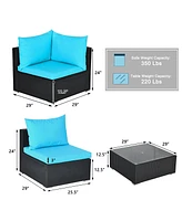 Gymax 7PCS Rattan Patio Conversation Set Sectional Furniture Set w/ Blue Cushion