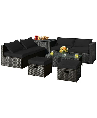 Gymax 8PCS Rattan Patio Sectional Furniture Set w/ Waterproof Cover & Black Cushions