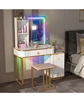 Costway Vanity Table Set with Rgb Led Lights Crystal Crush Diamond Mirror Drawers