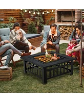 Gymax 32'' 3 in 1 Outdoor Square Fire Pit Table W/ Bbq Grill Rain Cover for Camping