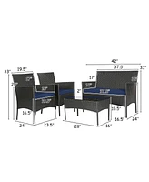 4PCS Patio Rattan Cushioned Sofa Coffee Table Backyard Porch