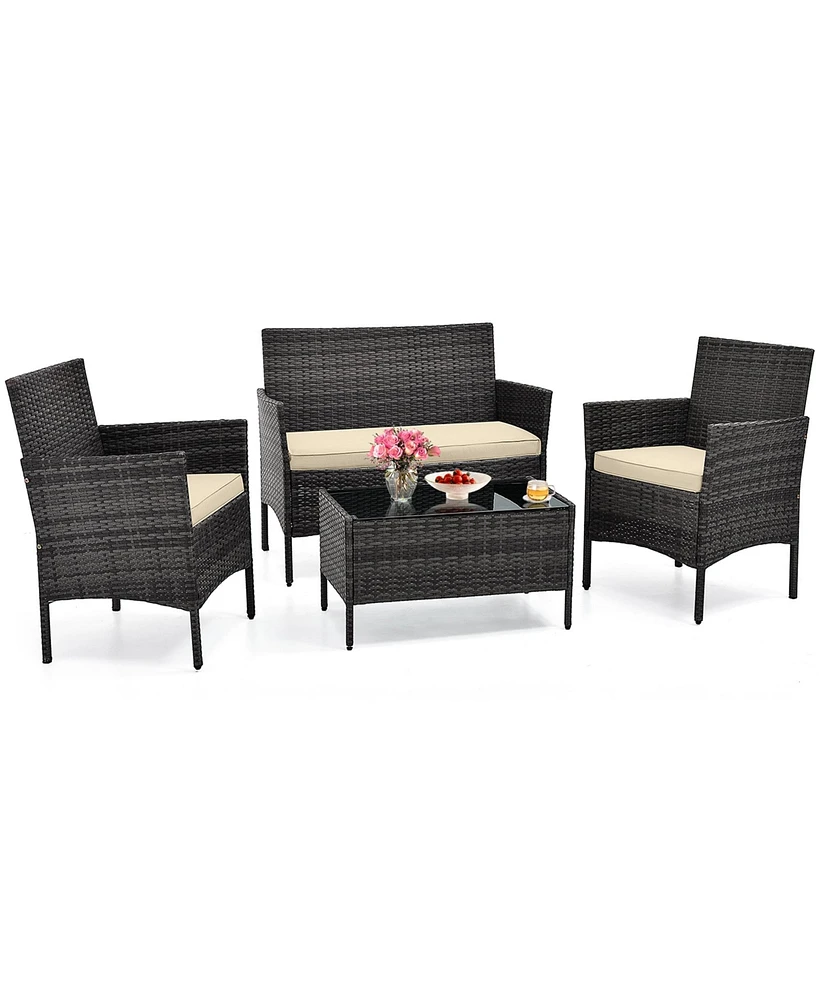 Costway Pcs Patio Furniture Set with Washable Cushions and Tempered Glass Coffee Table