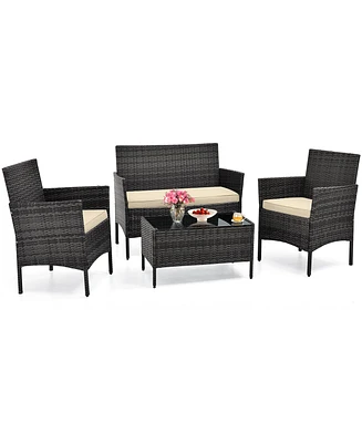 4 Pcs Patio Furniture Set with Washable Cushions and Tempered Glass Coffee Table