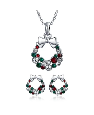 Bling Jewelry Fashion Sparkling Christmas Bow Red Green White Crystal Holiday Wreath Pendant Necklace Stud Earrings Jewelry Set For Women Crystal