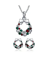 Bling Jewelry Fashion Sparkling Christmas Bow Red Green White Crystal Holiday Wreath Pendant Necklace Stud Earrings Jewelry Set For Women Crystal