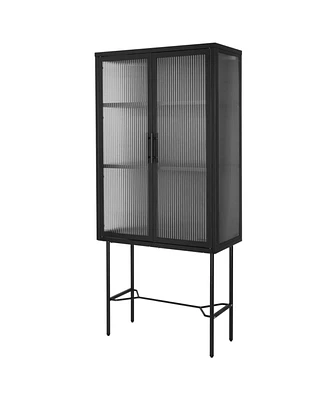Simplie Fun Elegant Black Floor Cabinet with Glass Doors and Adjustable Shelves
