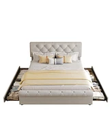 Simplie Fun Upholstered Platform Bed with Drawers, Antique Headboard