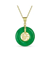 Bling Jewelry Circle Round Disc Donut Good Fortune Fu Character Chinese Symbol Dyed Green Natural Jade Disc Pendant Necklace For Women Gold Plated Ste