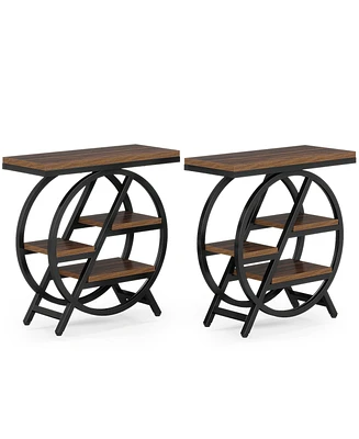 Tribesigns End Table Set of 2, 3-Tier Narrow Sofa Side Table with Storage for Living Room, Wood End Table with Geometric Metal Frame, Industrial Night