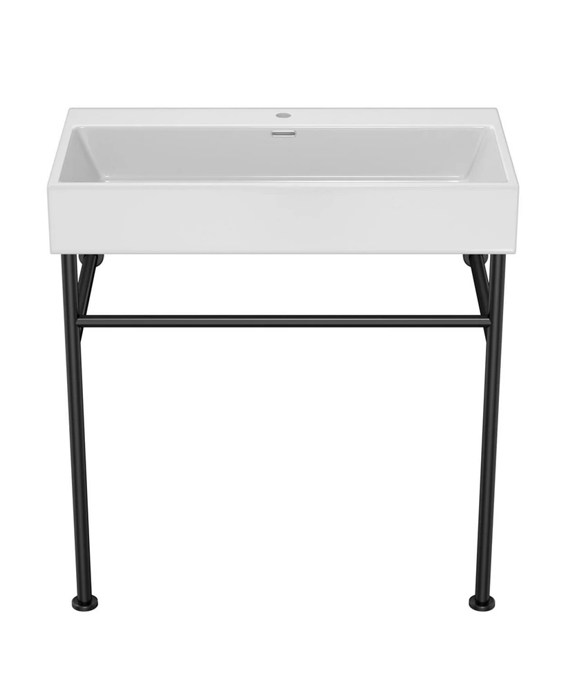 Simplie Fun 30" Bathroom Console Sink With Overflow, Ceramic Console Sink White Basin Black Legs