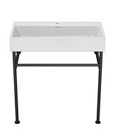 Simplie Fun 30" Bathroom Console Sink With Overflow, Ceramic Console Sink White Basin Black Legs