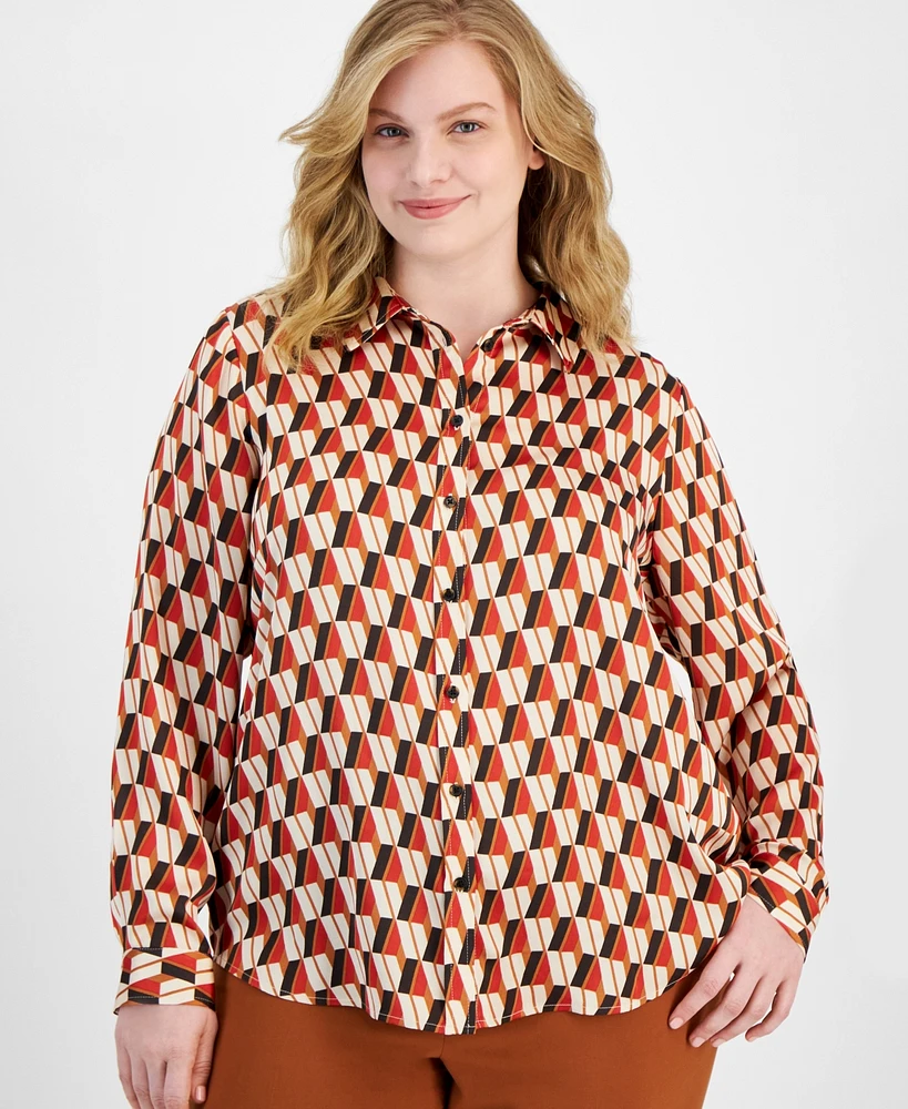 Tahari Asl Plus Printed Collared Button-Front Shirt