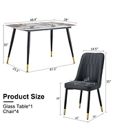 Stone Table & Pu Leather Chair Set - Black Metal Legs - 1 Table & 4 Chairs