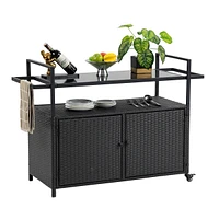 Wicker Bar Cart with Wheels, Glass Top