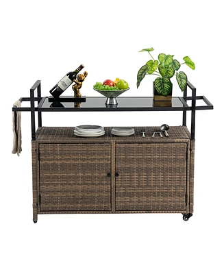 Outdoor Wicker Bar Cart with Glass Top